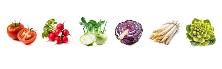 panoramic set of vegetables isolated on white background, cutoutの素材