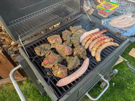 grilled meat on the grill in the gardenの写真素材