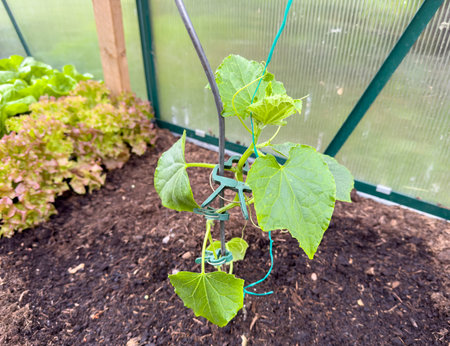 Young cucumber plants in the greenhouseの写真素材