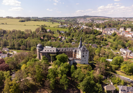 view over the castle mylau on the hill,vogtland saxony germanyの写真素材