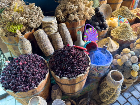 Hibiscus tea and spices at an Egyptian marketの写真素材