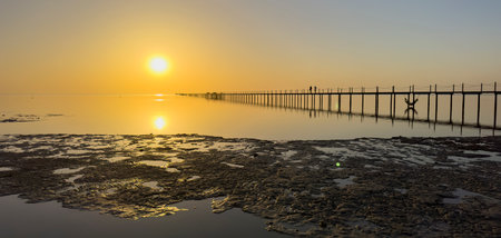 Panorama Long jetty at sunrise on the Red Sea in Egyptの写真素材