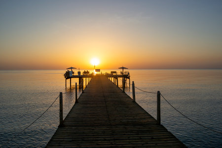 Long jetty at sunrise on the Red Sea in Egyptの写真素材