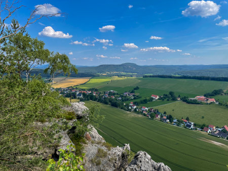 View over the Elbe Sandstone Mountains in Saxonyの写真素材