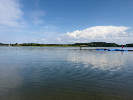 Take a trip by boat over the Poehl dam in Vogtland, Saxonyの写真素材