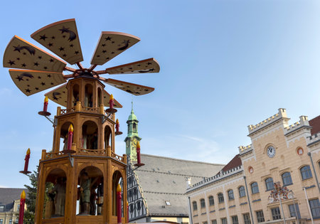 Christmas pyramid with town hall in Zwickau, Saxony East Germanyの写真素材