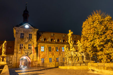 Upper Bridge in Bamberg at night, Upper Franconia, Bavaria, Germany, Europe in autumnの写真素材
