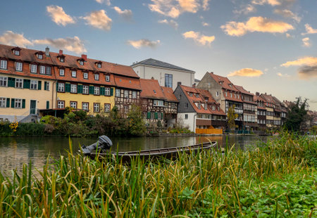 View of the old little Venice with the Regnitz River in Bamberg Bavaria Germanyの写真素材
