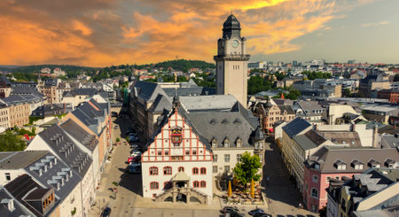 View of the old town with market square in Plauen in Vogtland, Saxonyの写真素材