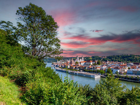 View of the Skyline from Passau in Bavaria with the Danube riverの写真素材