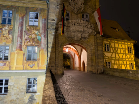 Old town hall of Bamberg at night Upper Franconia, Bavaria, Germany, Europe art designの写真素材