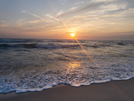 Panorama sunrise over the Baltic Sea in Polandの写真素材