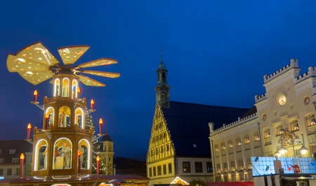 Old Christmas market in Zwickau with town hall in the backgroundの写真素材
