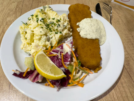 Breaded pollack with remoulade sauce and potato saladの写真素材