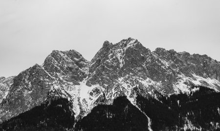 snow covered the Zugspitze mountains in the Alps black and white photographyの写真素材