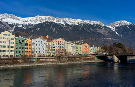 Innsbruck in Austria Tyrol with traditional buildings and Alpine peaks panoramic viewの写真素材
