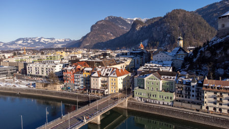 View of the Kufstein with fortress and the river Inn in Austria Tyrol European Alps with Innの写真素材