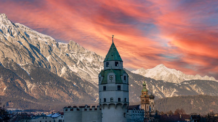 Hasegg Castle in Hall in Tirol Austria Alps at sunsetの写真素材