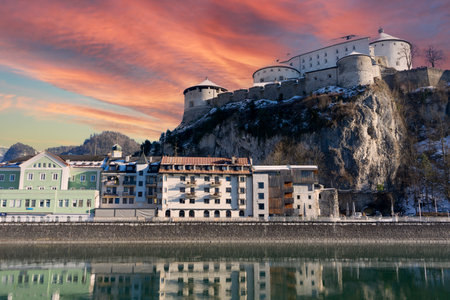View of the Kufstein with fortress and the river Inn in Austria Tyrol European Alps in the sunsetの写真素材
