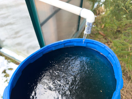 Rain barrel in the garden is frozen over in the cold in winterの写真素材