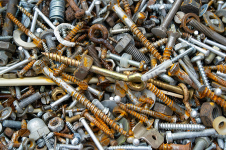 close up of old scrap iron nuts and boltsの写真素材