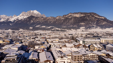 Panorama View of the the town Saint Johann at Wilder Kaiser in Austria Tyrol European Alpsの写真素材