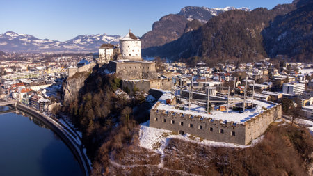 View of the Kufstein with fortress and the river Inn in Austria Tyrol European Alpsの写真素材