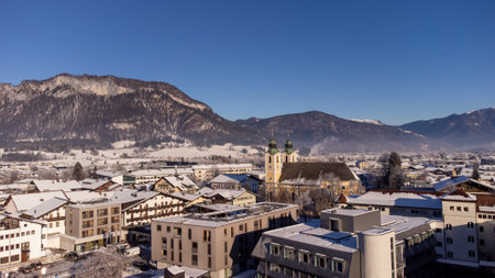 Panorama view of the town Saint Johann with church at Wilder Kaiser in Austria Tyrol European Alpsの写真素材