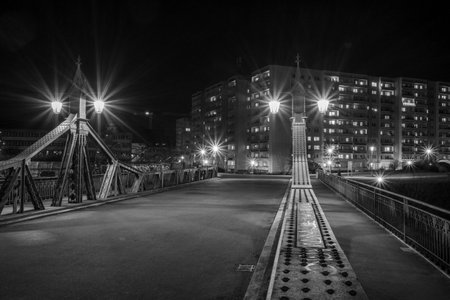 Bridge over the Mulde River in Zwickau Saxony East Germany at night black and white photographyの写真素材