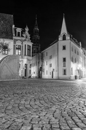 old town street in zwickau at night black and white photography verticalの写真素材