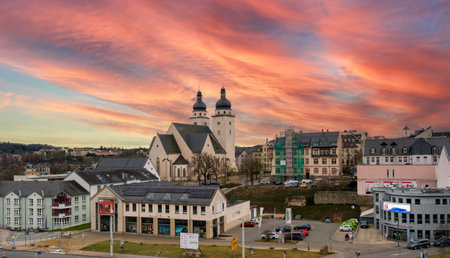 View of the old town Plauen, Saxony Vogtland Germany at sunsetの写真素材