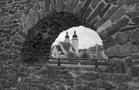 View from the Old Castle to the church in the old town of Plauen, Vogtland Saxony Black and white photographyの写真素材