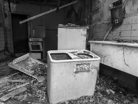 Lost Places Abandoned kitchen Decline of transience Black and White Photoの写真素材
