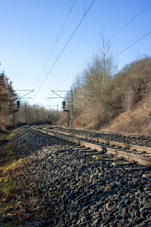 railway in the countryside winter verticalの写真素材