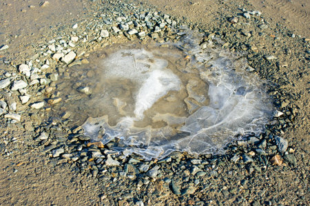 Puddle frozen with ice in winterの写真素材