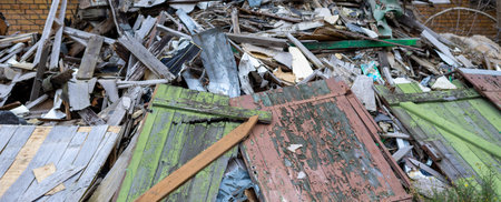 panorama old rusty metal fence and old wooden demolition of construction siteの写真素材