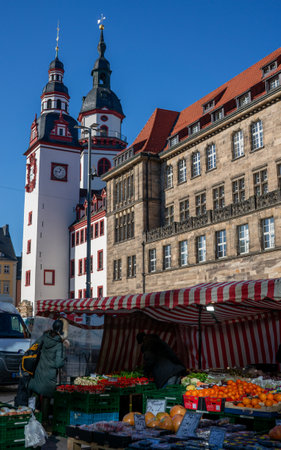 old town hall in chemnitz saxony east germany verticalの写真素材
