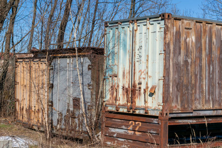 old abandoned rusted shipping containersの写真素材