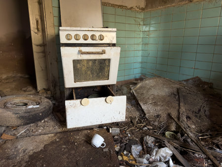 Gas stove in the kitchen in an old dilapidated demolished houseの写真素材