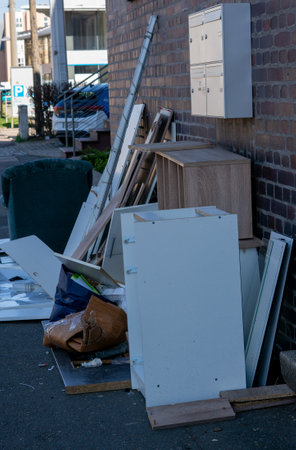 Bulky waste for recycling on a city sidewalk verticalの写真素材