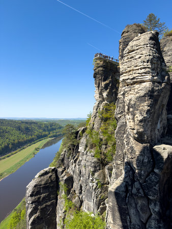 rocks in the elbe sandstone mountains with elbe bastei area in saxon switzerland verticalの写真素材