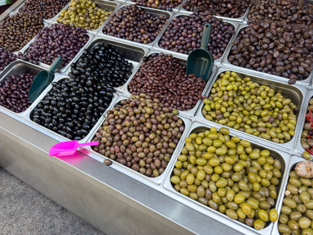 Various olives at a Greek weekly marketの写真素材