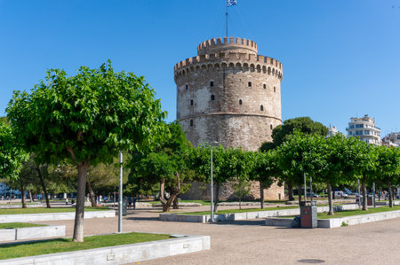 white tower with park thessaloniki castle architecture greeceの写真素材