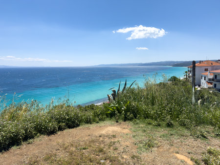 view of the bay of Afytos on the island of Chalkidiki in Greece on the Mediterraneanの写真素材