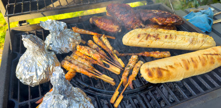 grilled meat and shrimp skewers with baguettes on the grill in the gardenの写真素材