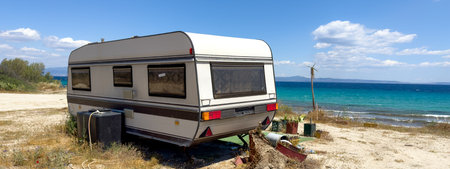 camping on the beach in Afytos is a village in Chalkidiki, northern Greece.の写真素材