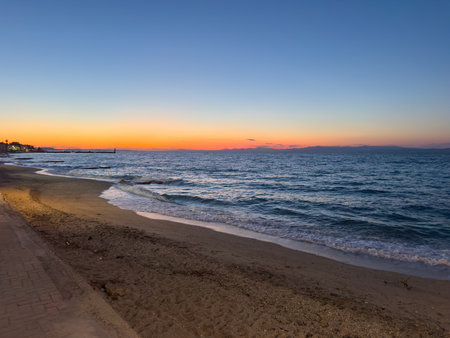 Beach on Chalkidiki island at sunset in Greeceの写真素材