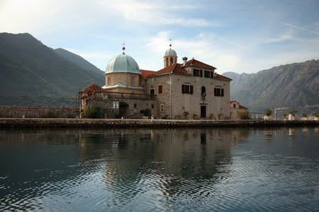 Church at island in Kotor bay, Montenegro, dayの写真素材