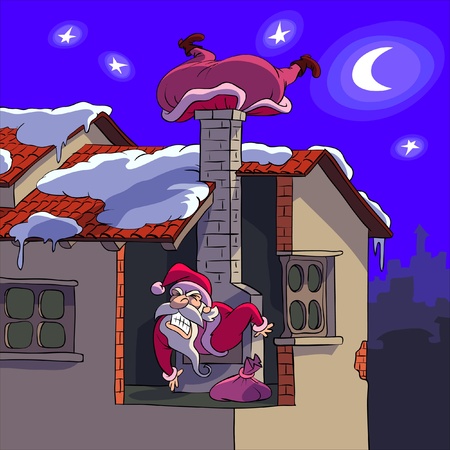 Santa Claus is trying to come through a stovepipe.のイラスト素材