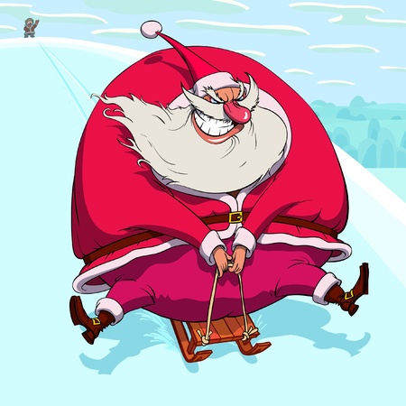 Happy Santa Claus is sliding from a hill in a sledのイラスト素材